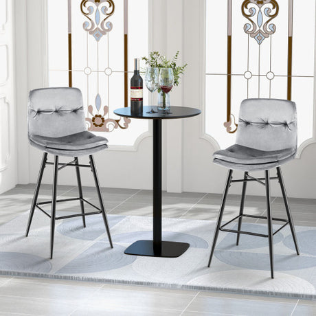 2 Pieces 29 Inch Velvet Bar Stools Set with Tufted Back and Footrests-Gray