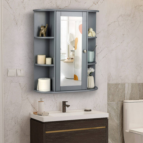 Bathroom Single Door Shelves Wall Mount Cabinet with Mirror-Gray