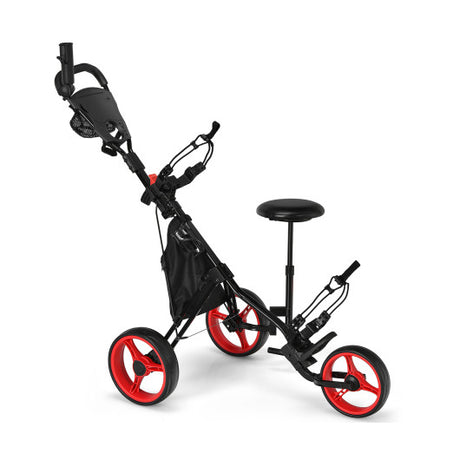 3 Wheels Folding Golf Push Cart with Seat Scoreboard and Adjustable Handle-Red