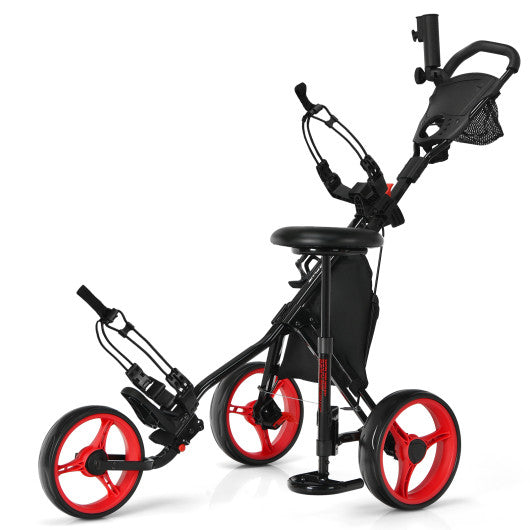 3 Wheels Folding Golf Push Cart with Seat Scoreboard and Adjustable Handle-Red