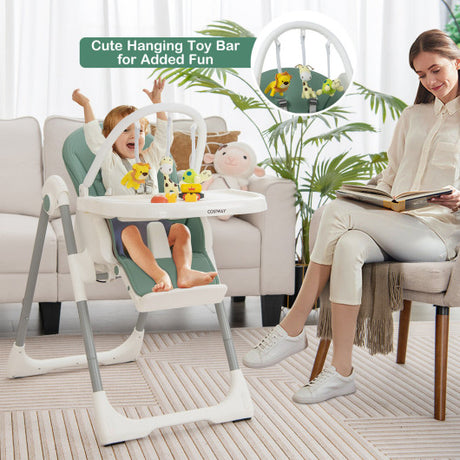 4-in-1 Foldable Baby High Chair with 7 Adjustable Heights and Free Toys Bar-Green