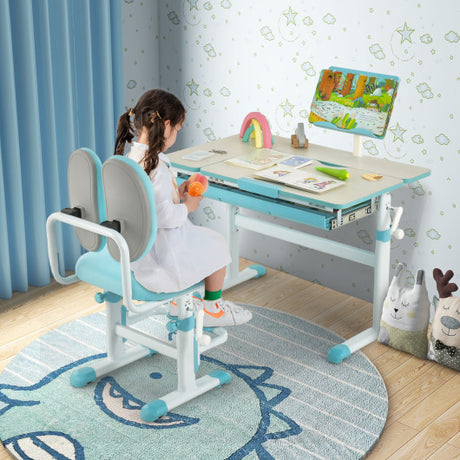 Height-Adjustable Kids Desk with Tilt Desktop and Book Stand-Blue
