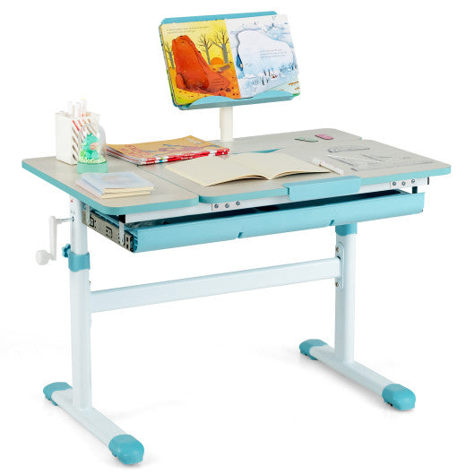Height-Adjustable Kids Desk with Tilt Desktop and Book Stand-Blue