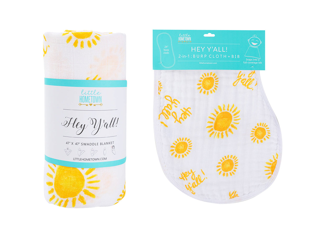 Gift Set: Hey Y'all Baby Muslin Swaddle Blanket and Burp Cloth/Bib Combo by Little Hometown