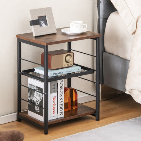 3-Tier Industrial Side Table with Adjustable Mesh Shelf-Rustic Brown