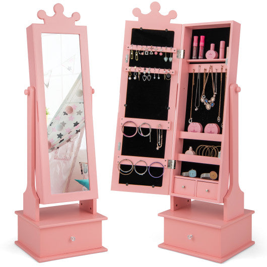 2-in-1 Kids Play Jewelry Armoire with Full Length Mirror and Drawers-Pink