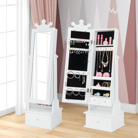 2-in-1 Kids Play Jewelry Armoire with Full Length Mirror and Drawers-White