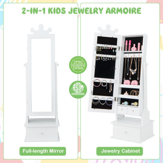2-in-1 Kids Play Jewelry Armoire with Full Length Mirror and Drawers-White