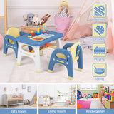 Kids Table and 2 Chairs Set with Storage Shelf and Building Blocks-Blue