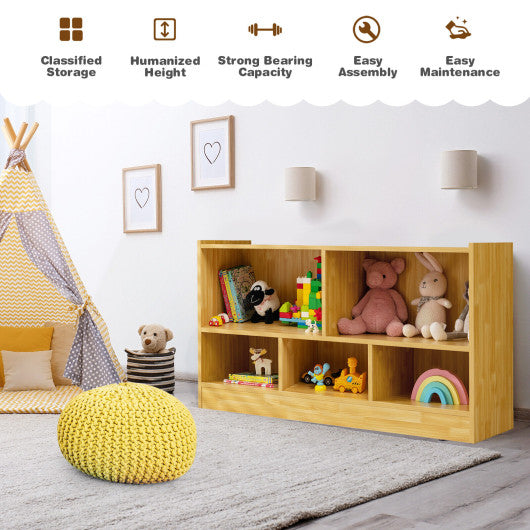 Kids 2-Shelf Bookcase 5-Cube Wood Toy Storage Cabinet Organizer-Beige