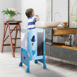 Wooden Folding Kids Kitchen Step Stool with 2-Level Adjustable Height-Blue
