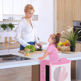 Wooden Folding Kids Kitchen Step Stool with 2-Level Adjustable Height-Pink
