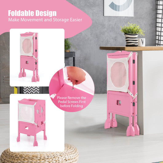 Wooden Folding Kids Kitchen Step Stool with 2-Level Adjustable Height-Pink