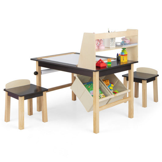 Kids Art Table and Chairs Set with Paper Roll and Storage Bins-Coffee