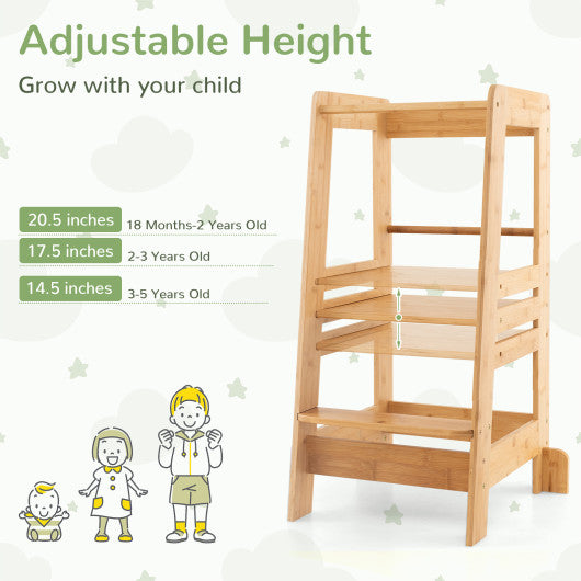 Bamboo Toddlers Kitchen Step Stool with Height Adjustable Platform-Natural