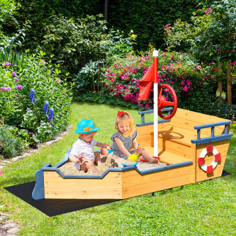 Kids Pirate Boat Wooden Sandbox Children Outdoor Playset