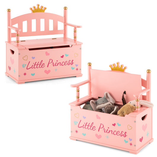 2-In-1 Kids Princess Wooden Toy Box with Safe Hinged Lid-Pink