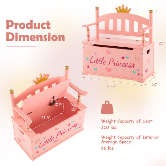 2-In-1 Kids Princess Wooden Toy Box with Safe Hinged Lid-Pink