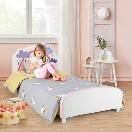 Kids Twin Size Upholstered Platform Wooden Bed with Rainbow Pattern