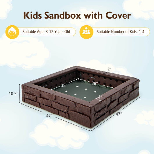 2-In-1 HDPE Kids Sandbox with Cover and Bottom Liner-Brown