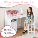 Wooden Kids Study Desk and Chair Set with Storage Cabinet and Bulletin Board-White