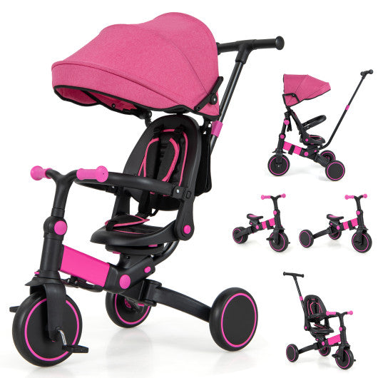 Kids Tricycle with Adjustable Push Handle Canopy and 3-Point Safety Belt-Pink
