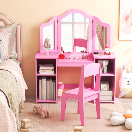 Kids Vanity Table and Chair Set with Removable Tri-Folding Mirror-Pink