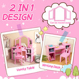 Kids Vanity Table and Chair Set with Removable Tri-Folding Mirror-Pink