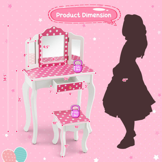 Kids Vanity Table and Stool Set with Cute Polka Dot Print-Pink