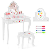 Kids Vanity and Stool Set with 360° Rotatable Mirror and Whiteboard-White