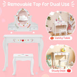 Kids Vanity and Stool Set with 360° Rotatable Mirror and Whiteboard-White