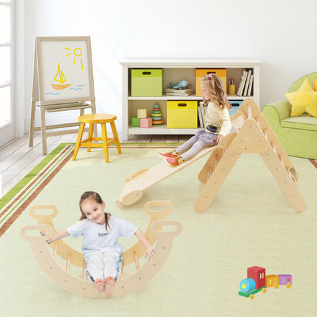 Wooden Kids Climber Toys with Triangle Arch Ramp for Sliding Climbing-Natural