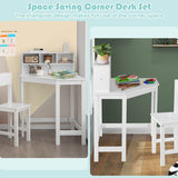 Kids Wooden Corner Desk and Chair Set with Hutch and Storage-White