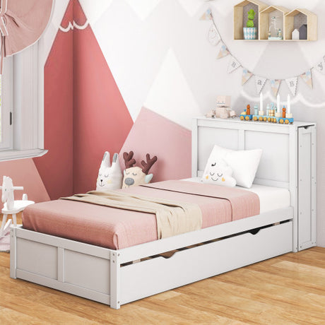 Twin/Full Kids Wooden Platform Bed with Trundle Storage Headboard-Twin Size
