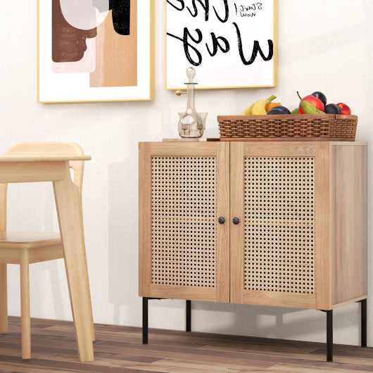 Kitchen Sideboard with 2 Rattan Doors and Adjustable Shelf-Natural