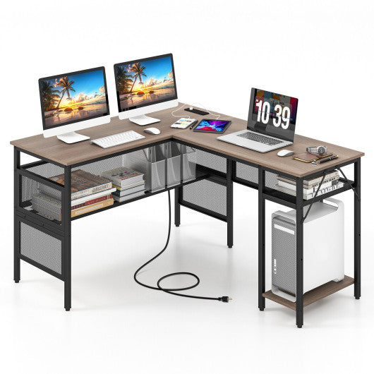 L-Shaped Computer Desk with Charging Station and Adjustable Shelf-Gray