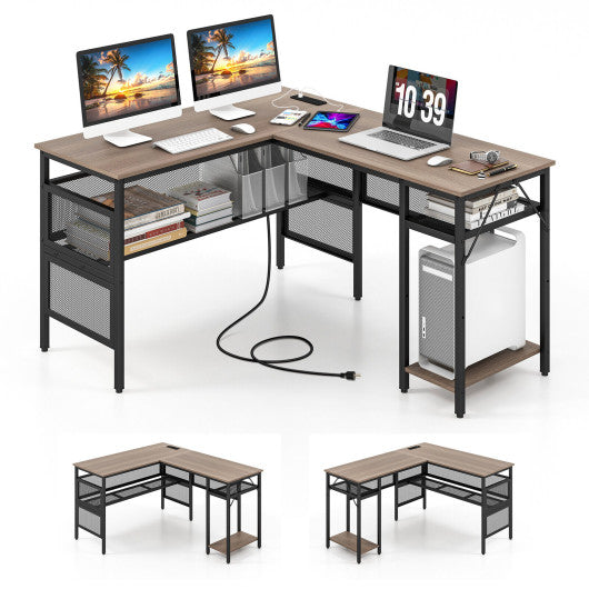 L-Shaped Computer Desk with Charging Station and Adjustable Shelf-Gray