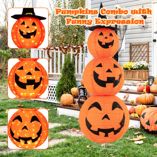 Light Up Triple Stacked Halloween Pumpkin Decoration with Hat