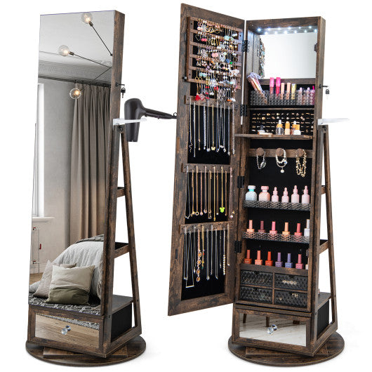 Lockable 360° Swivel Jewelry Cabinet with Full-Length Mirror LED Lights-Rustic Brown