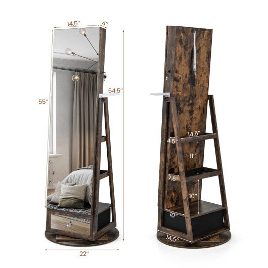 Lockable 360° Swivel Jewelry Cabinet with Full-Length Mirror LED Lights-Rustic Brown