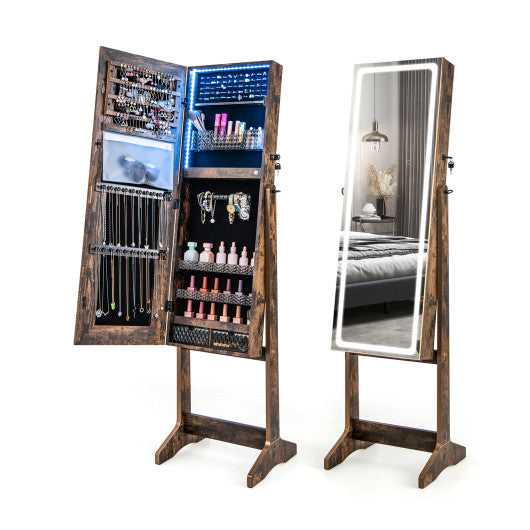 Lockable Jewelry Armoire Standing Cabinet with Lighted Full-Length Mirror-Rustic Brown
