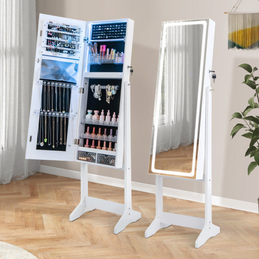 Lockable Jewelry Armoire Standing Cabinet with Lighted Full-Length Mirror-White
