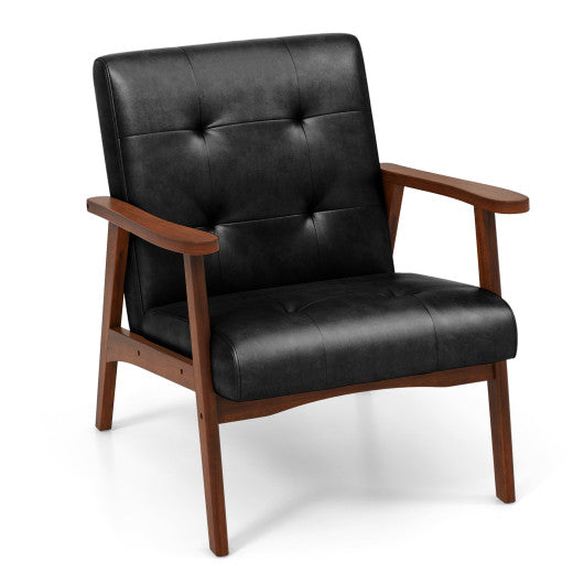 Mid Century Modern Accent Chair with Solid Rubber Wood Frame and Leather Cover-Brown