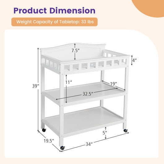 Mobile Changing Table with Waterproof Pad and 2 Open Shelves-White
