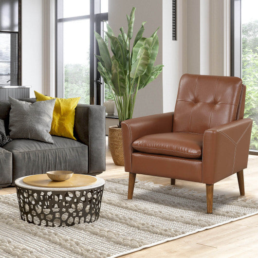 Modern PU Leather Accent Chair with Solid Wood Legs-Brown