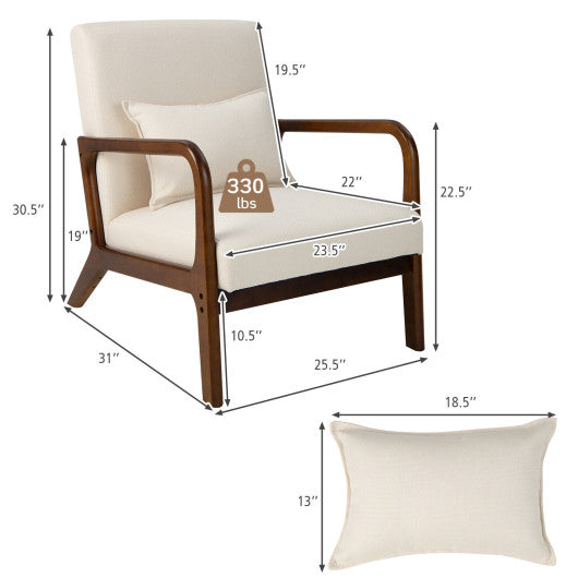 Modern Accent Chair with Rubber Wood Frame and Lumbar Pillow-Beige