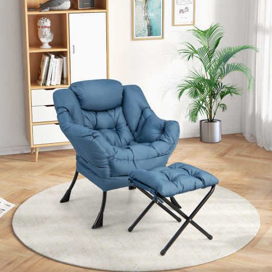 Modern Accent Sofa Chair with Folding Footrest and Side Pocket-Navy