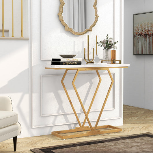 Gold Console Table with Diamond Shape Geometric Frame-White