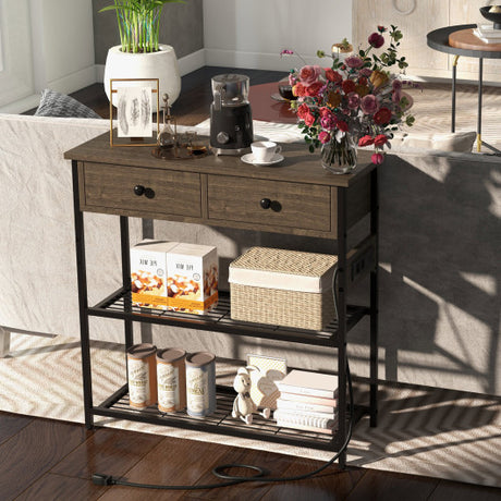 Narrow Console Table with 2 Drawers and 2 Metal Mesh Shelves-Gray