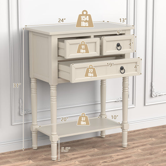 Narrow Console Table with 3 Storage Drawers and Open Bottom Shelf-Beige